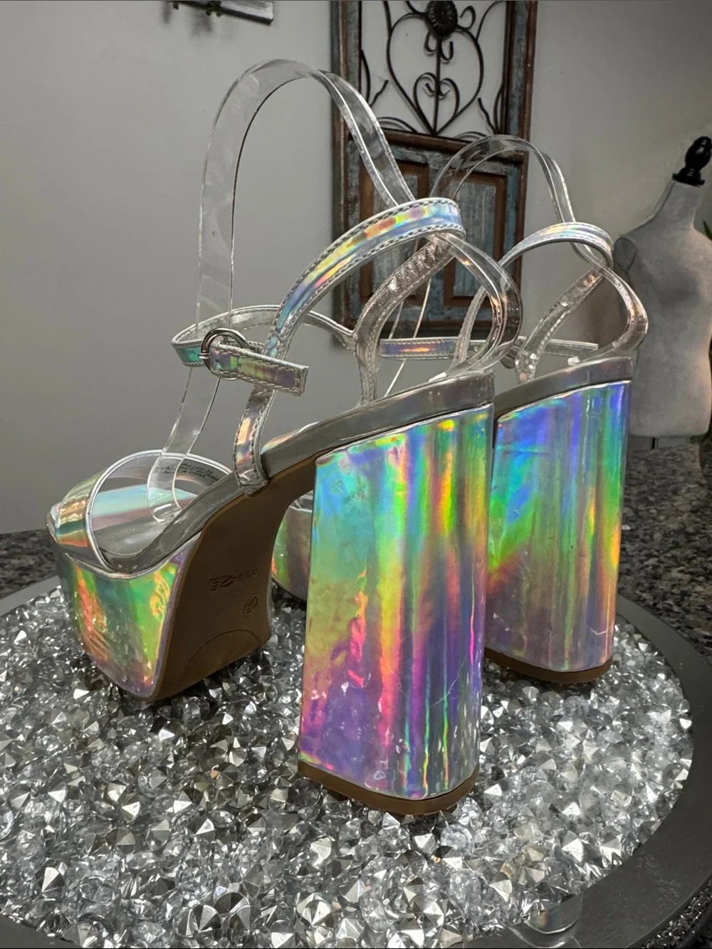 Rouge! Holographic Silver Platform Go-Go Sandals NWOT